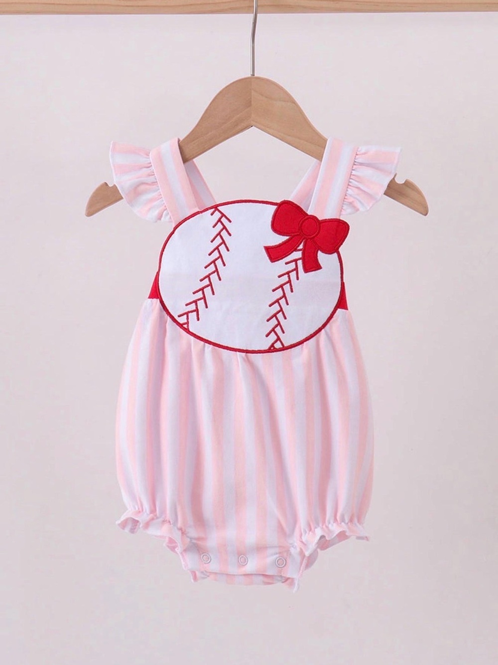 Pink & White Striped Baby Baseball Romper with Red Bow